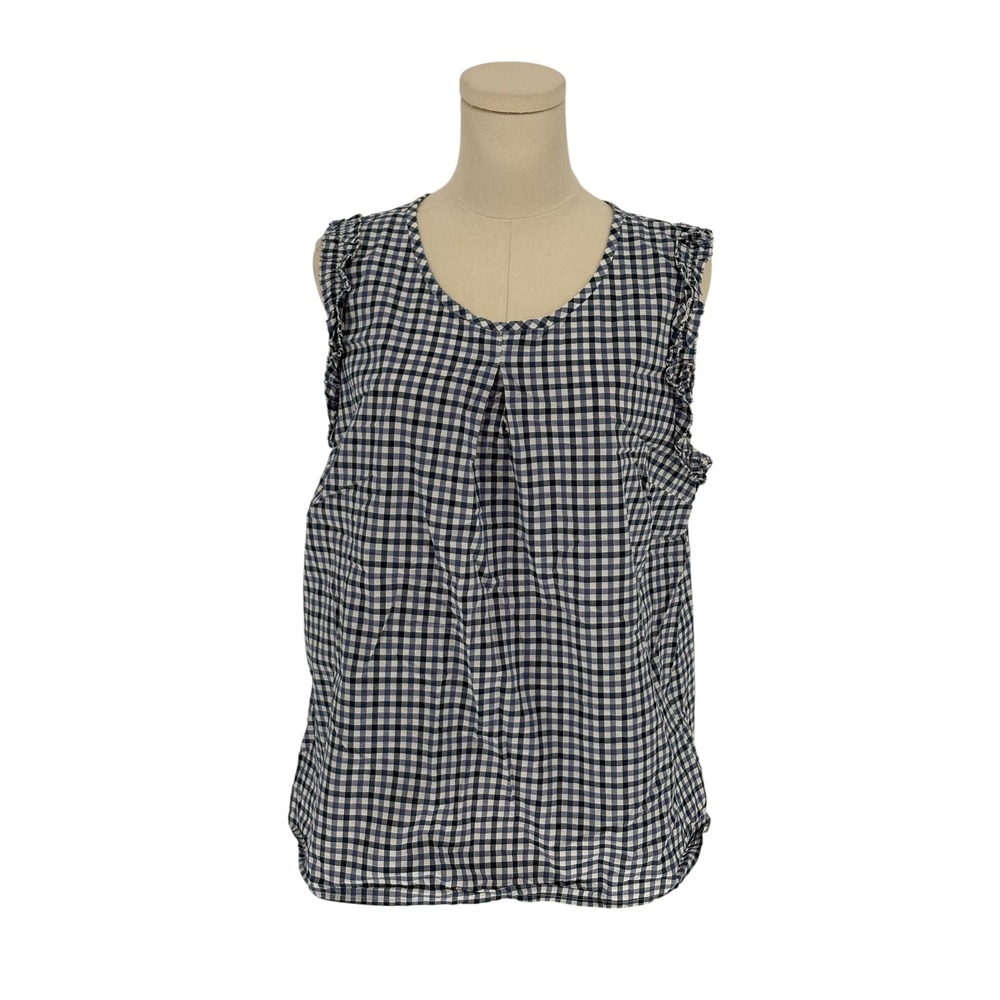 Merona Sleeveless Top Blue Gingham Ruffle Trim 100% Cotton Large